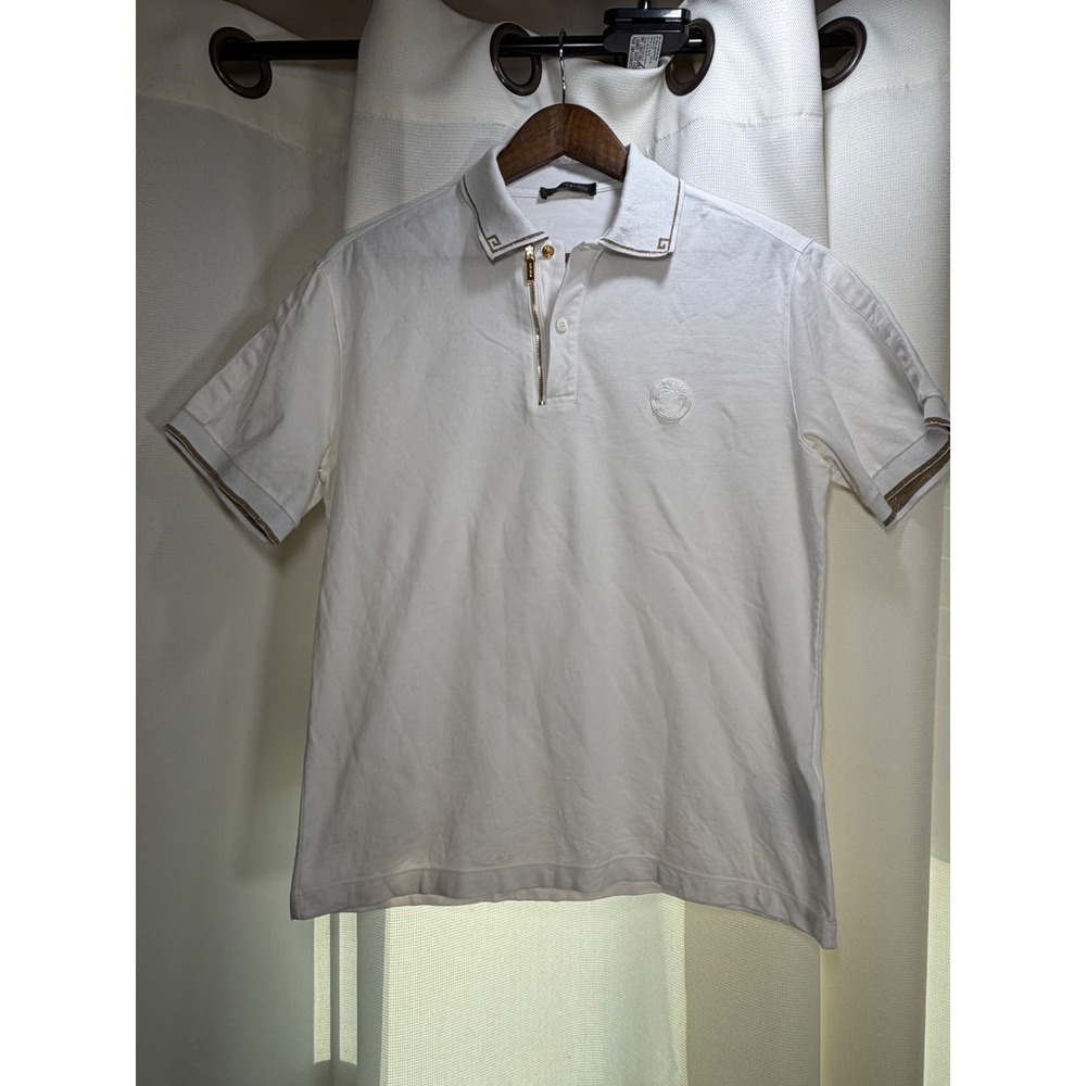 Gianni Versace Mens White Gold Zip Medusa Polo Shirt A67943 Size M Made in Italy